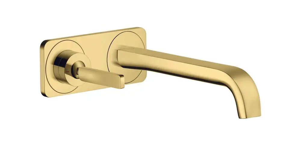 Ein AXOR-Waschtischmischer in Polished Gold Optic mit einem seitlichen Hebel und einem geraden Auslauf, geeignet für die Wandmontage.